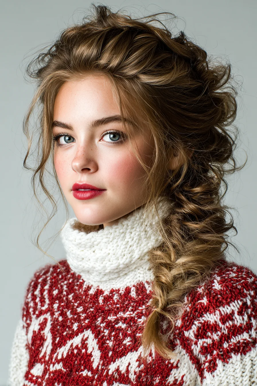 Textured Messy Side Fishtail Braid with Face‑Framing Pieces