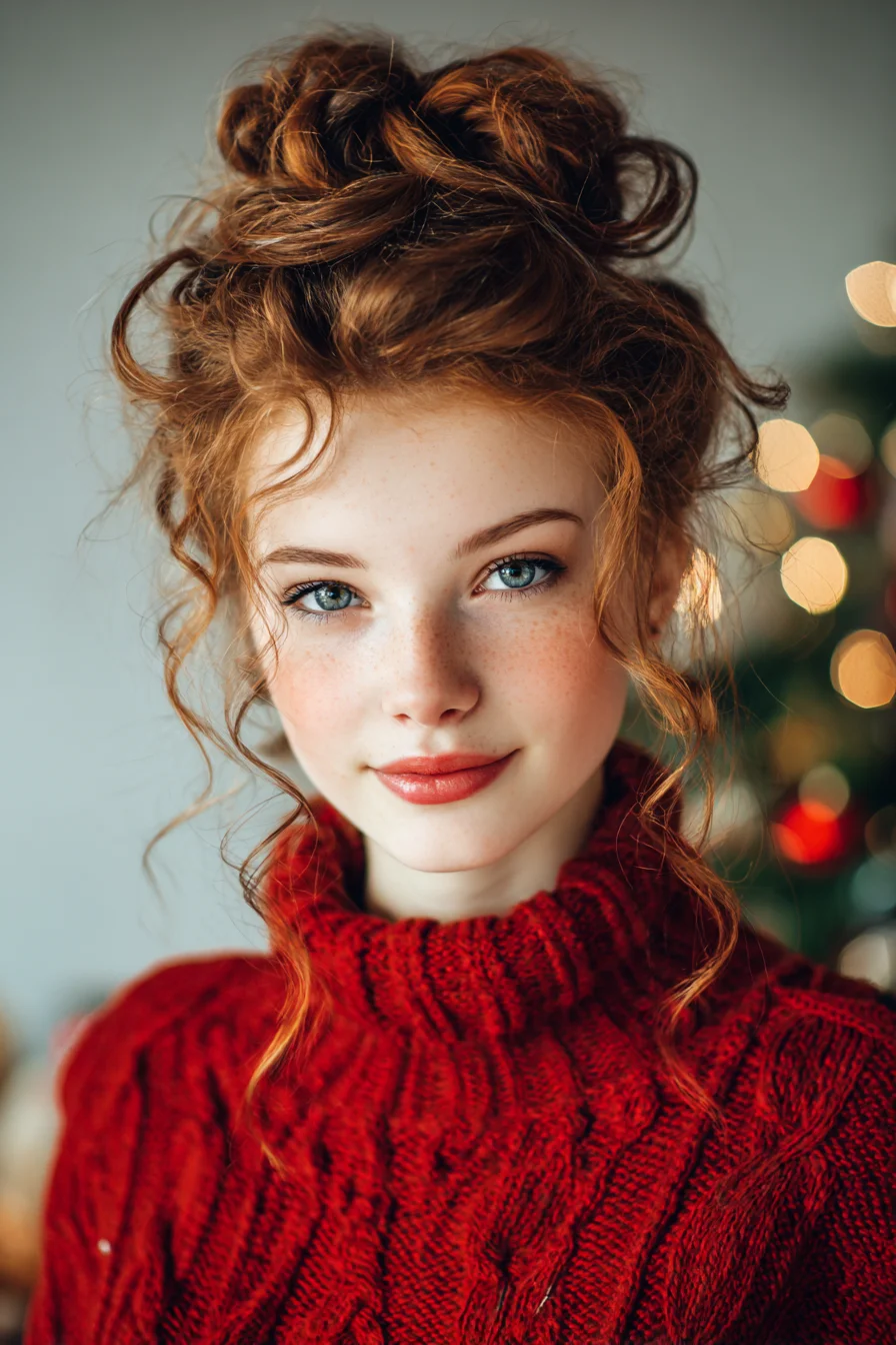 Textured Messy Top Knot with Curly Face‑Framing Tendrils