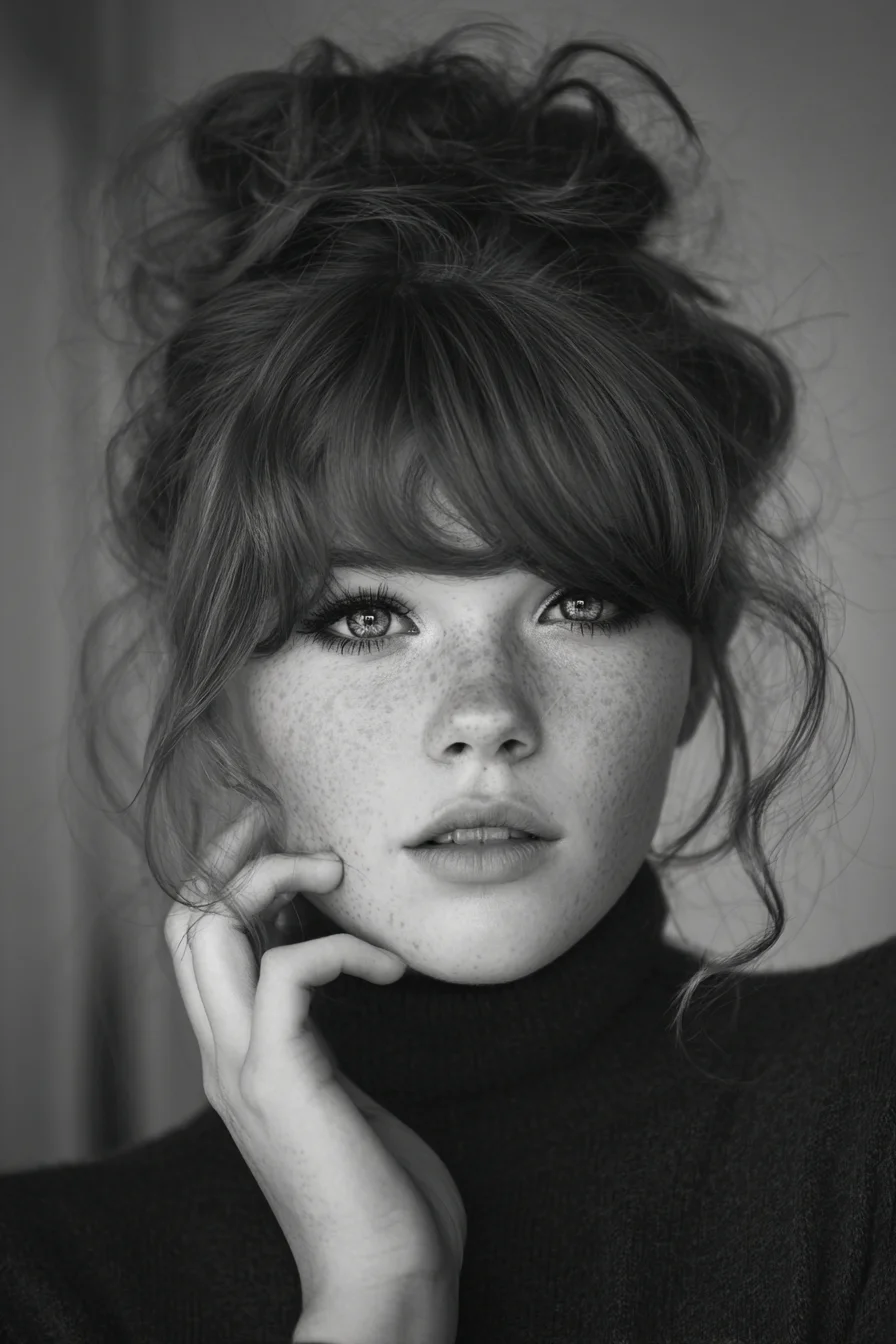 Textured Messy Top Knot with Curtain Bangs and Face‑Framing Tendrils