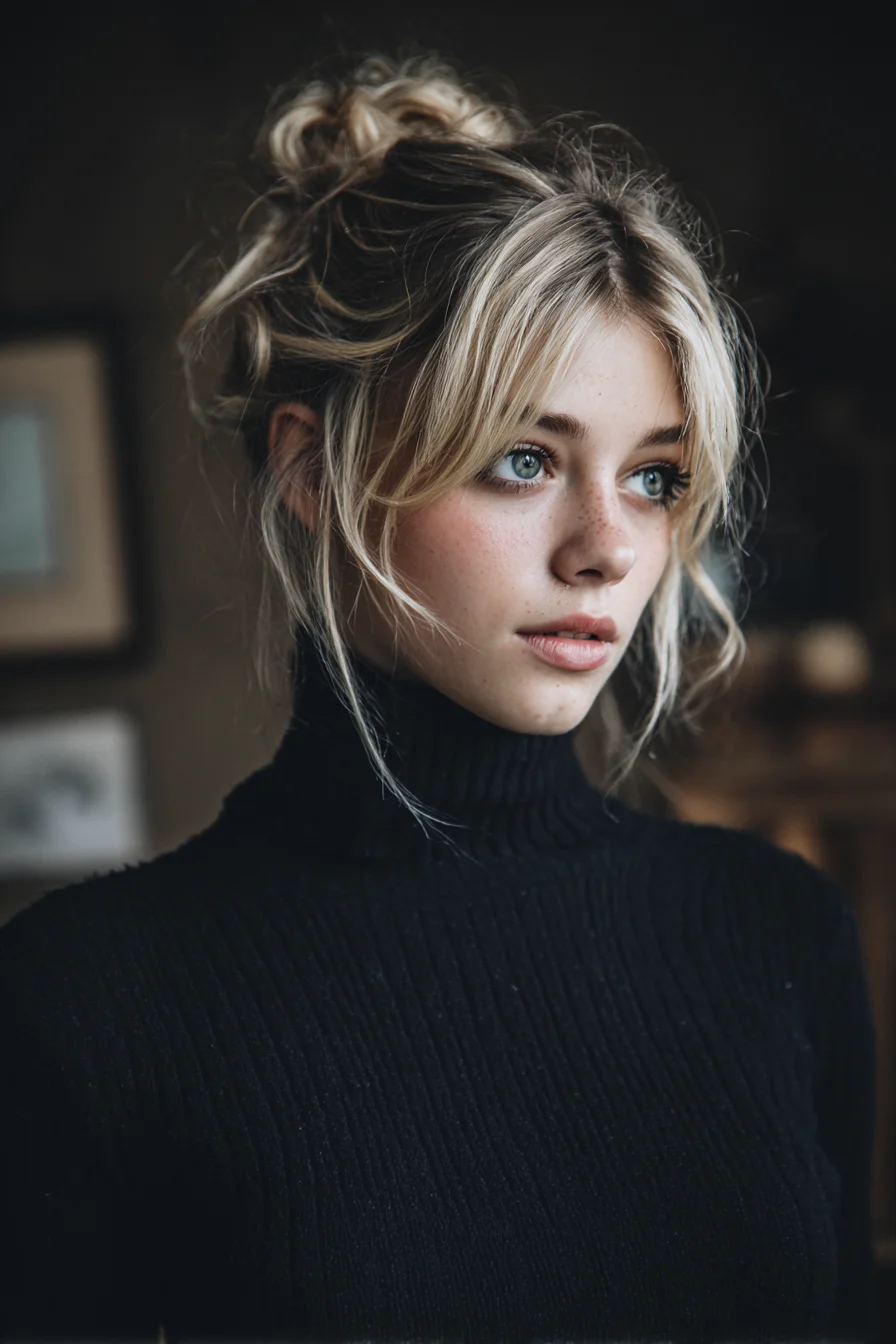 Textured Messy Top Knot with Curtain Bangs