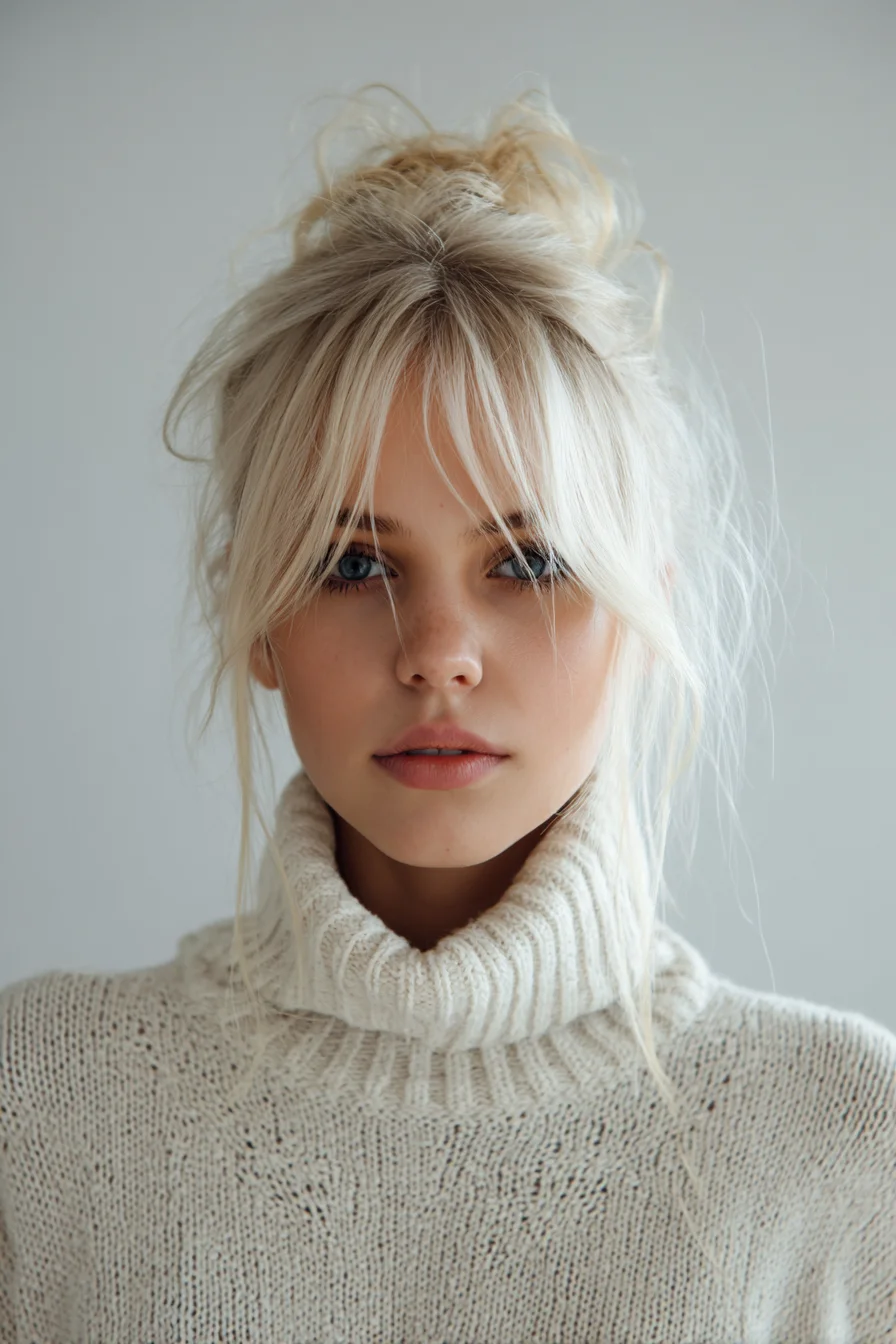 Textured Messy Top Knot with Soft Curtain Bangs — Casual Blonde Updo