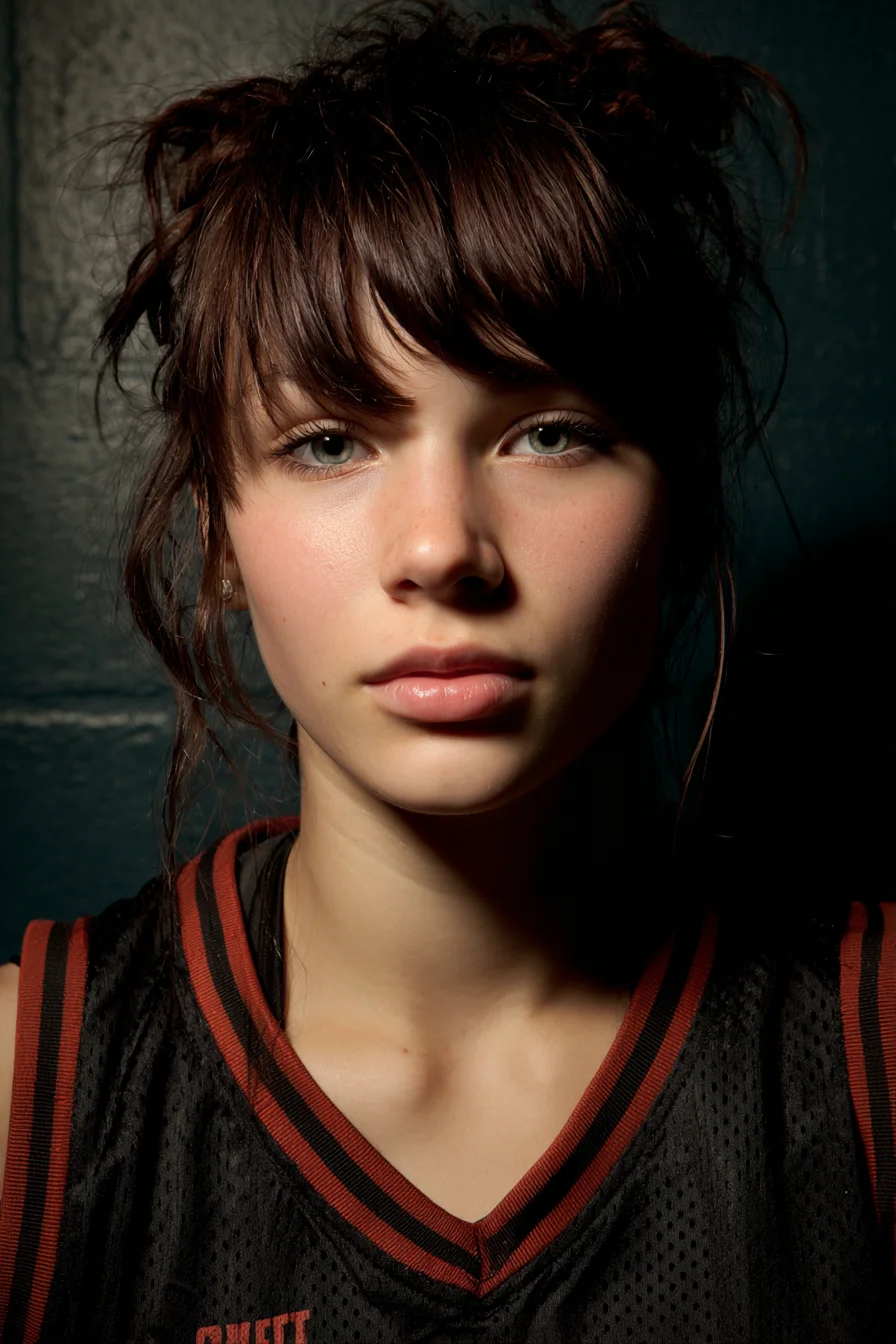 Textured Messy Topknot with Choppy Fringe and Face‑Framing Tendrils