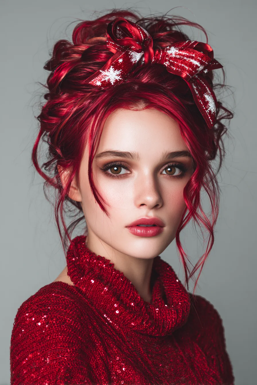 Textured Messy Updo with Ribbon Bow — Romantic Curly Updo