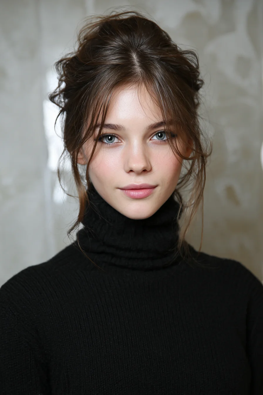 Textured Messy Updo with Soft Face‑Framing Tendrils