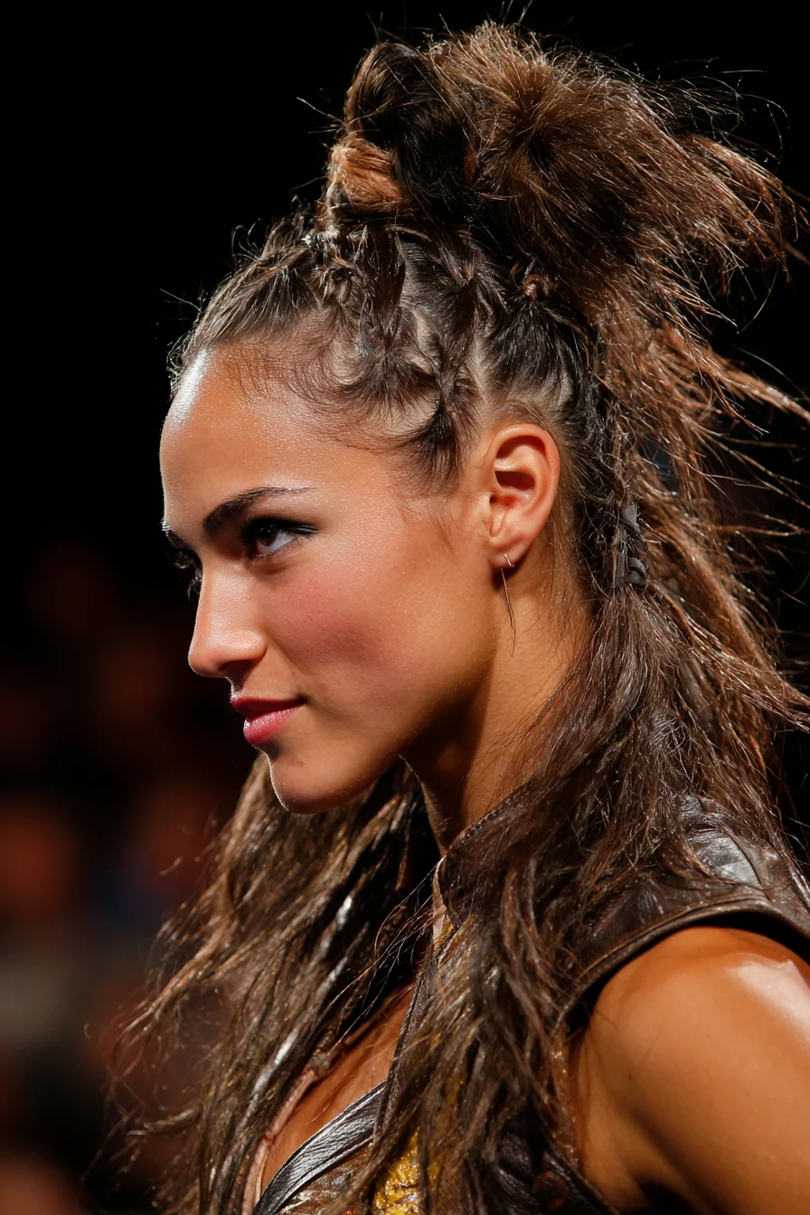 Textured Mini Cornrows into Messy Top Knot with Tousled Waves