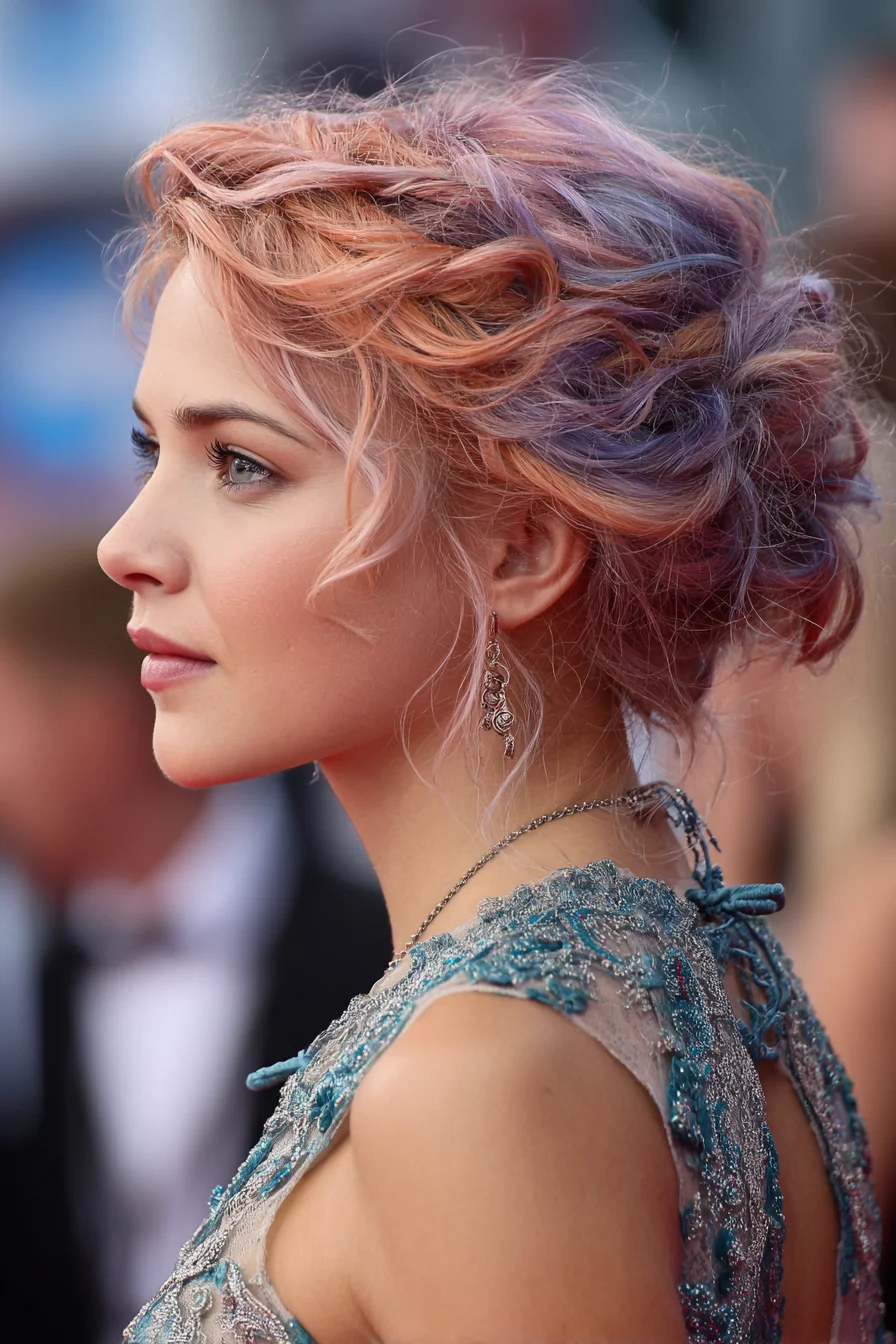 Textured Pastel Updo with Soft Face‑Framing Tendrils