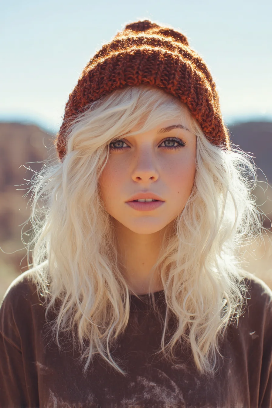 Textured Platinum Beach Waves with Side‑Swept Fringe