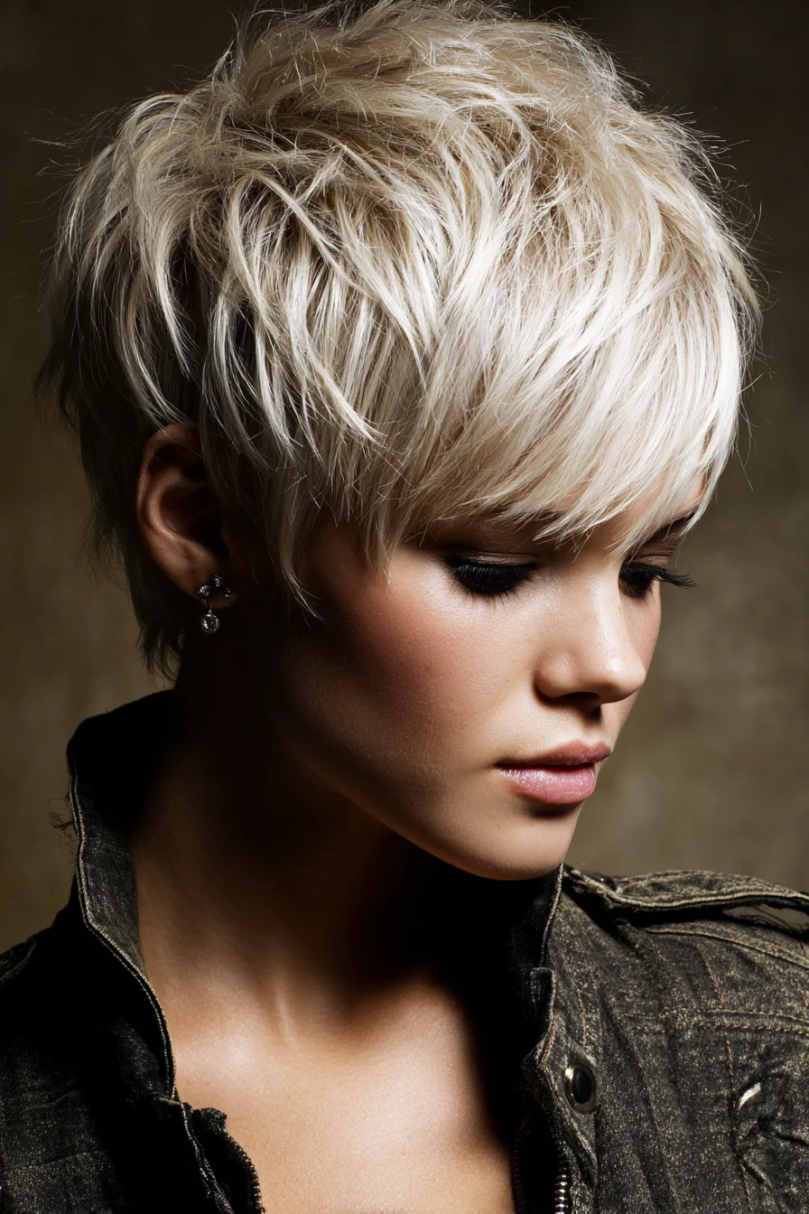 Textured Platinum Pixie Cut with Long Side Fringe