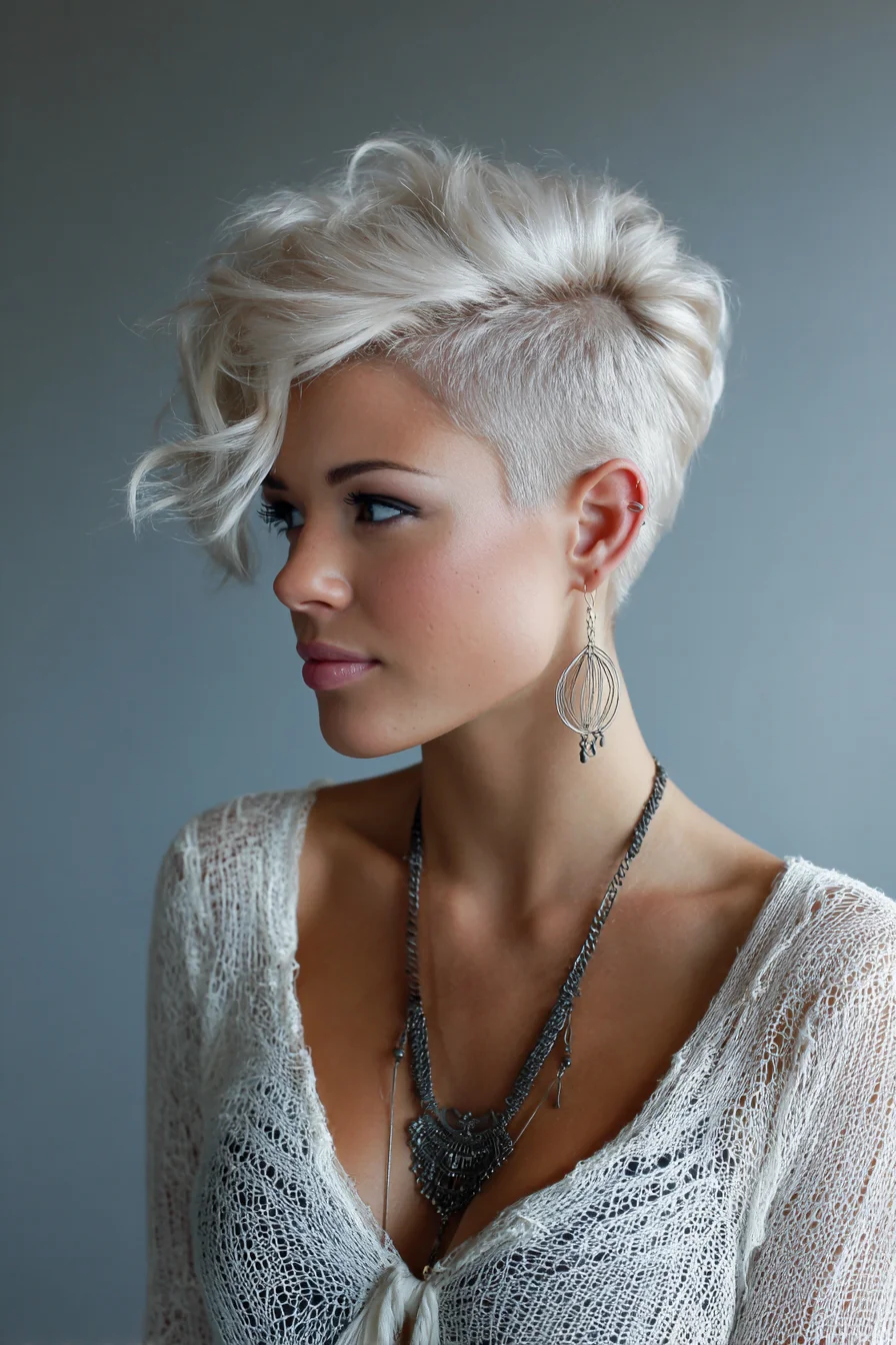 Textured Platinum Pixie with Tapered Undercut and Side-Swept Fringe