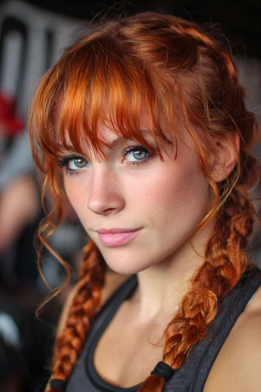 Textured Red Double Dutch Braids with Curtain Bangs