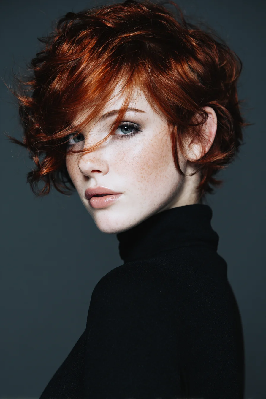 Textured Red Pixie with Side-Swept Fringe