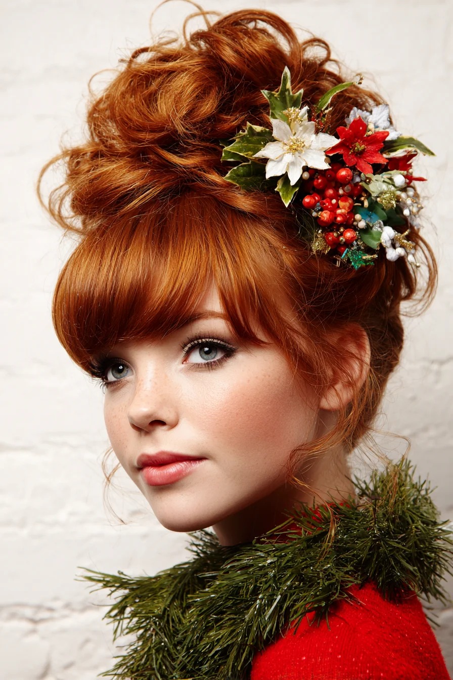 Textured Red Updo with Blunt Fringe and Festive Floral Accent