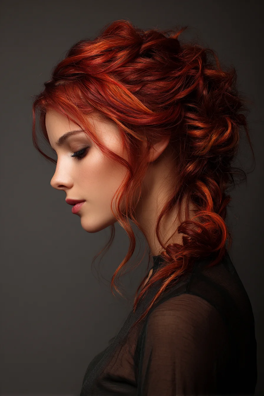 Textured Romantic Copper Braided Updo with Face‑Framing Tendrils