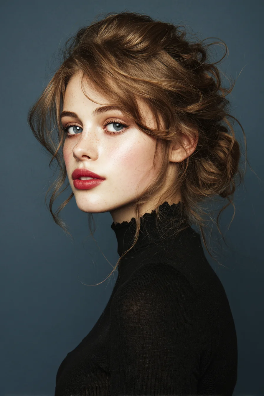 Textured Romantic Low Updo with Face‑Framing Tendrils