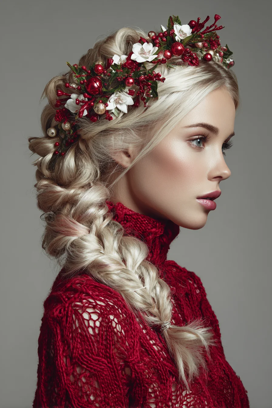 Textured Romantic Side Fishtail Braid with Floral Crown