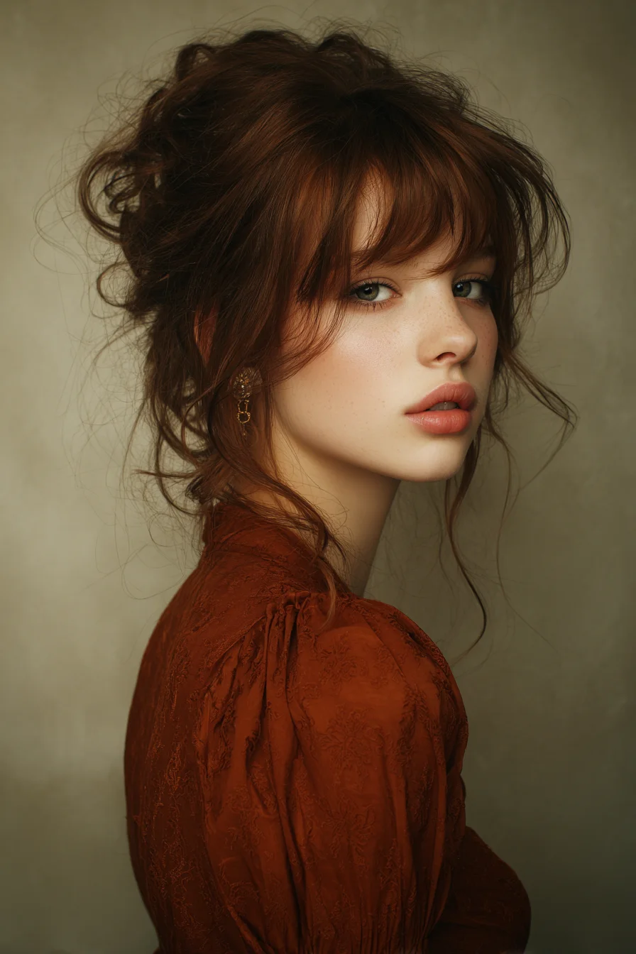 Textured Romantic Updo with Curtain Bangs and Face‑Framing Tendrils