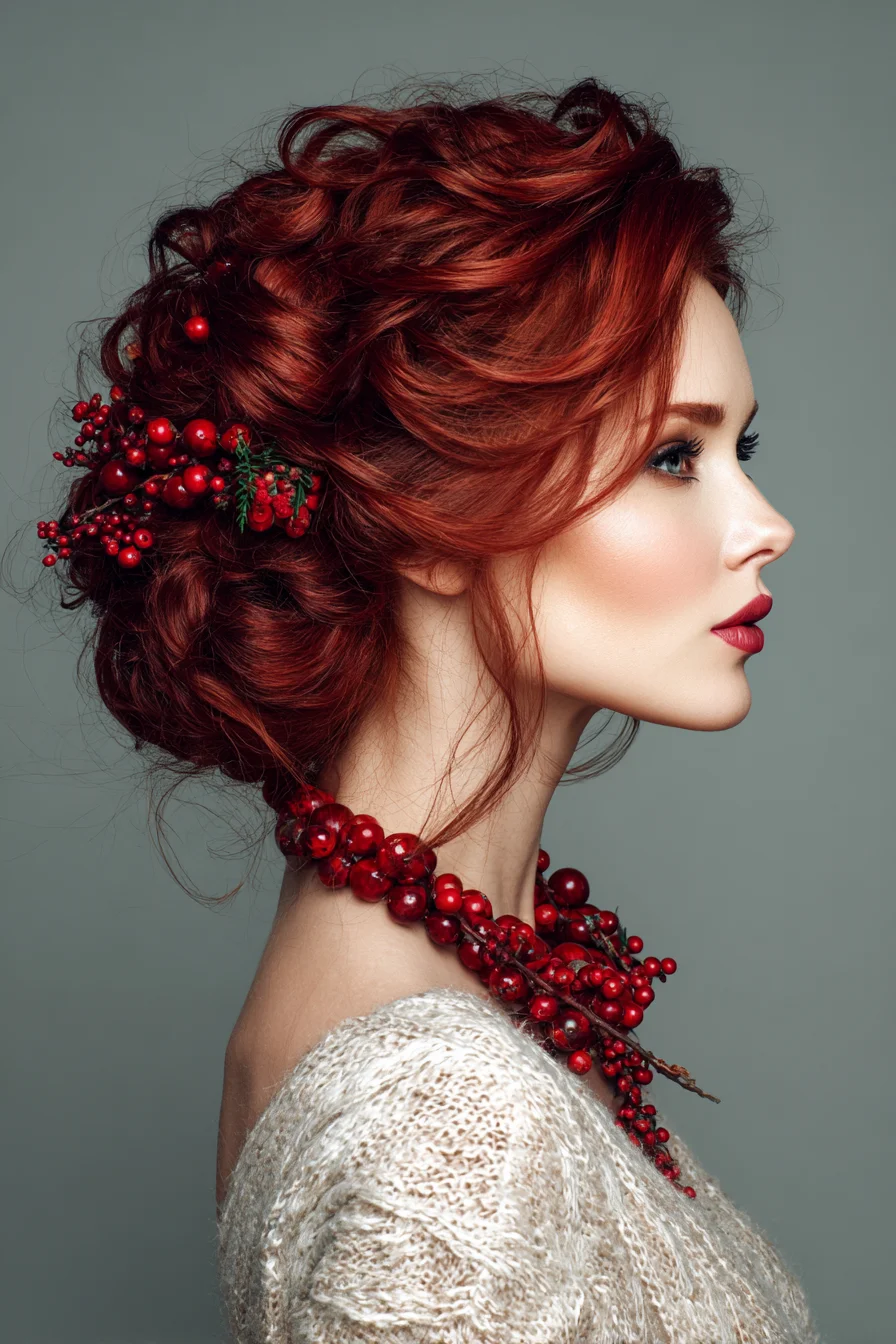 Textured Romantic Updo with Volume and Berry Accessories