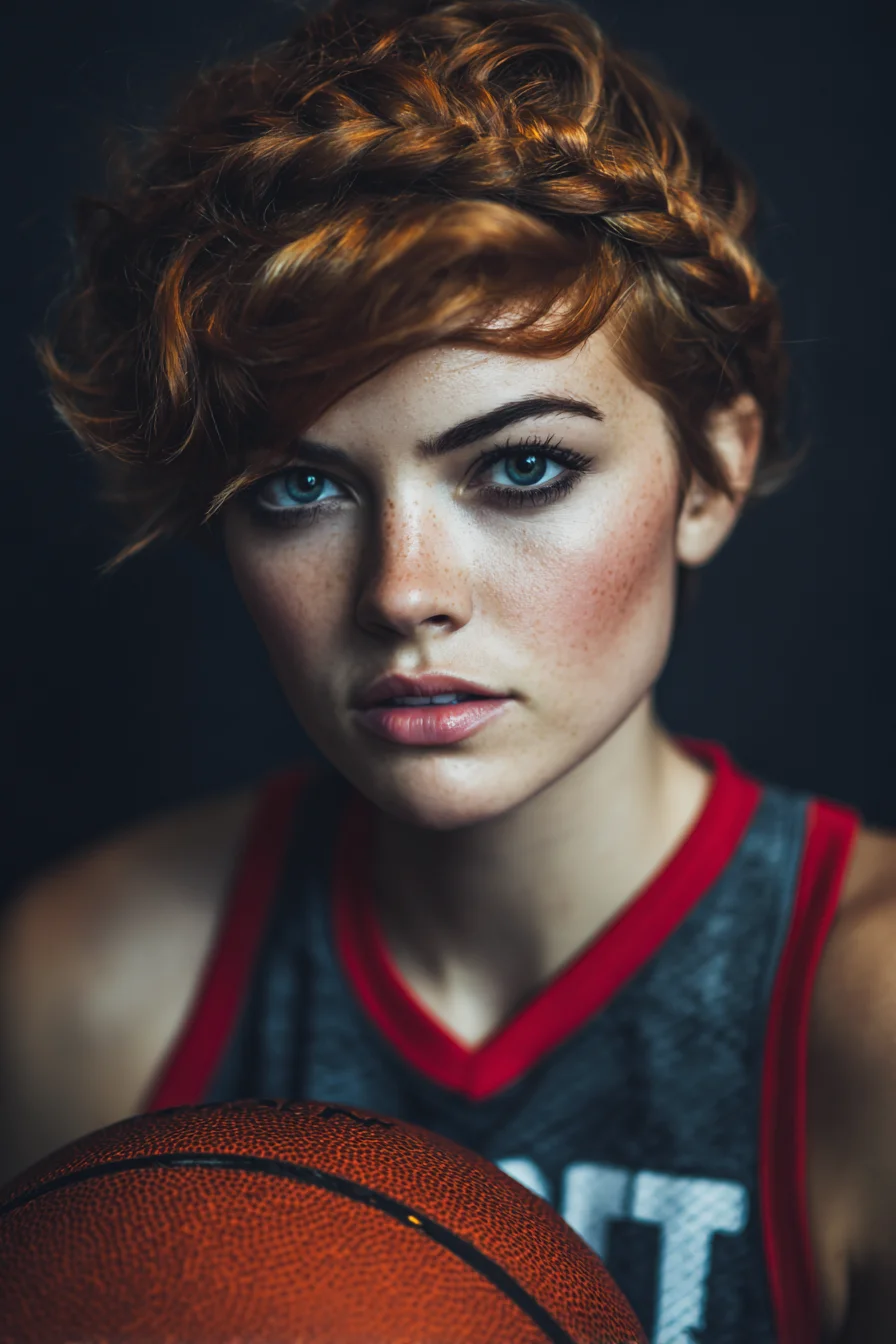Textured Short Crown Braid with Side‑Swept Fringe for Red Hair
