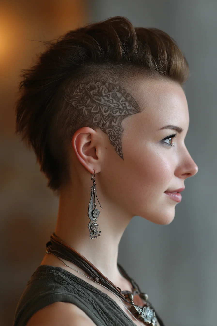Textured Short Faux Hawk with Undercut and Intricate Shaved Hair Tattoo