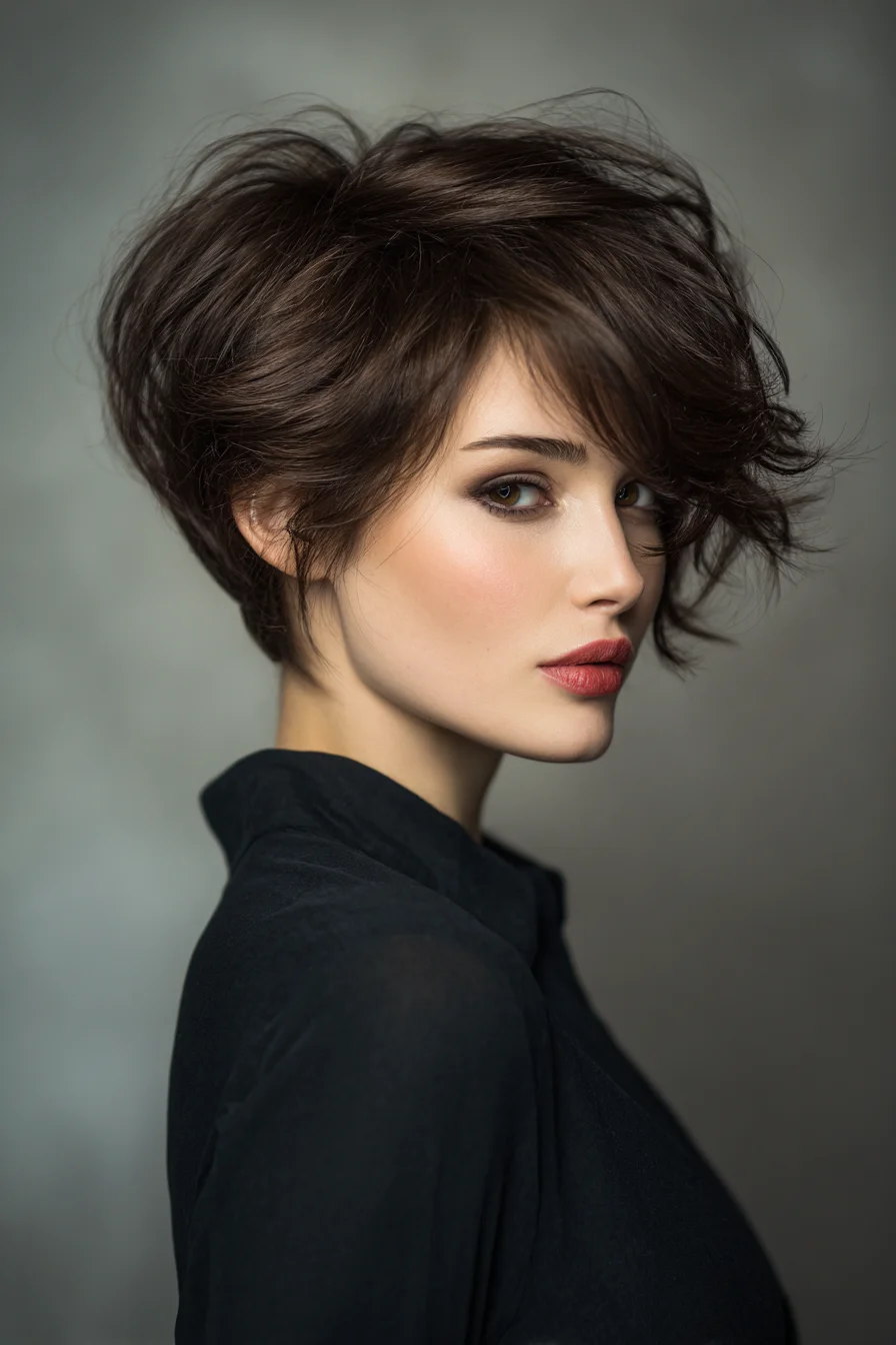 Textured Short Pixie with Voluminous Side‑Swept Fringe