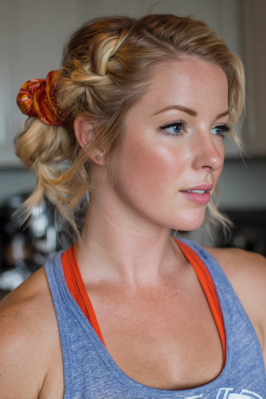 Textured Side Braid into Low Bun with Scarf — Messy Updo for Wavy Hair