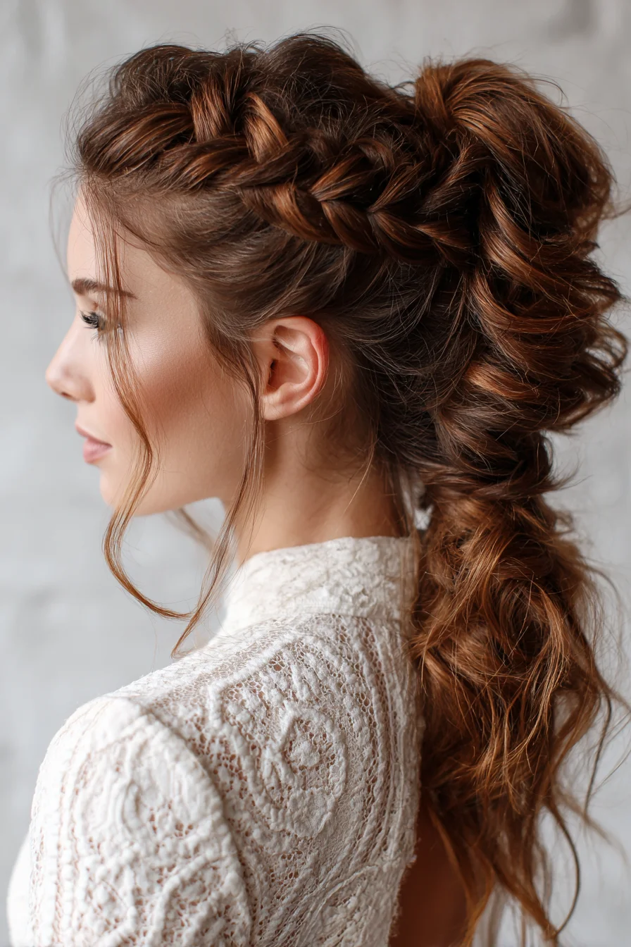 Textured Side Dutch Braid into Voluminous Curled Ponytail