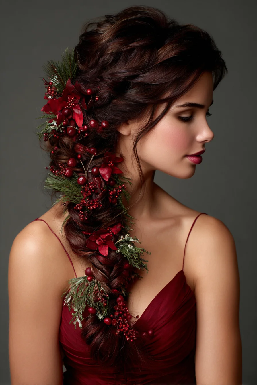 Textured Side Fishtail Braid with Festive Floral Accents