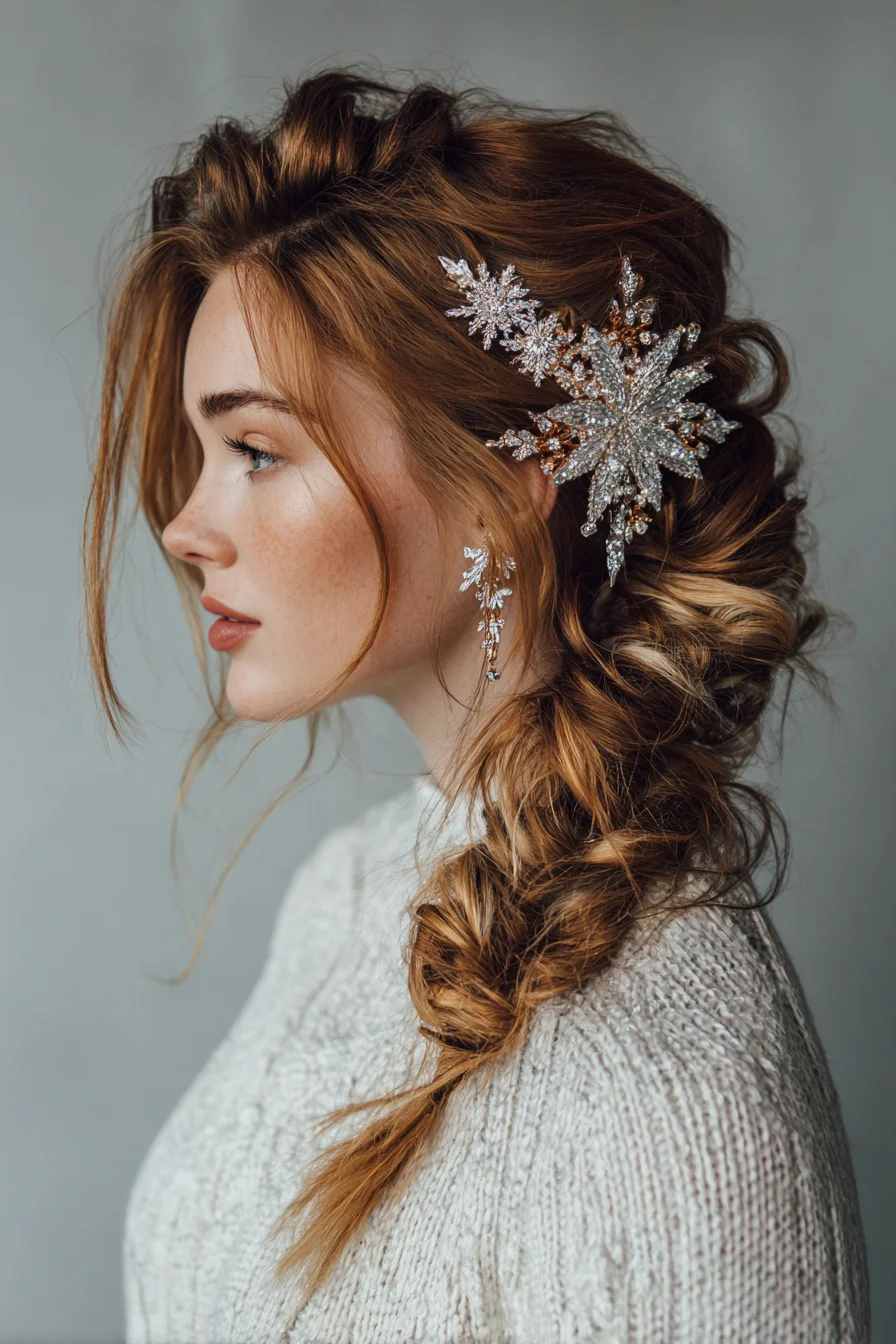 Textured Side Fishtail Braid with Loose Face‑Framing Tendrils and Bridal Hairpiece