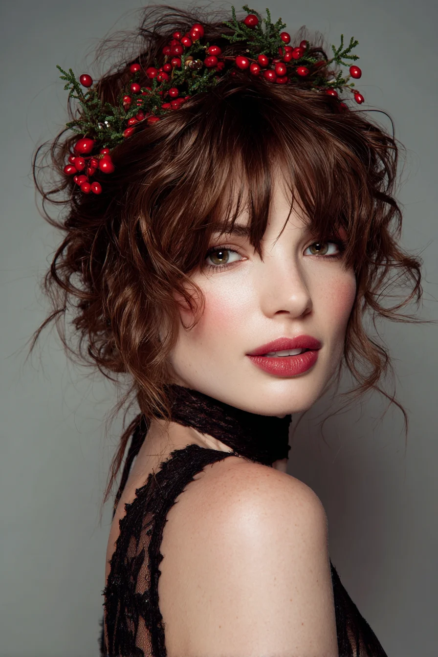 Textured Tousled Curly Updo with Wispy Bangs and Berry Crown