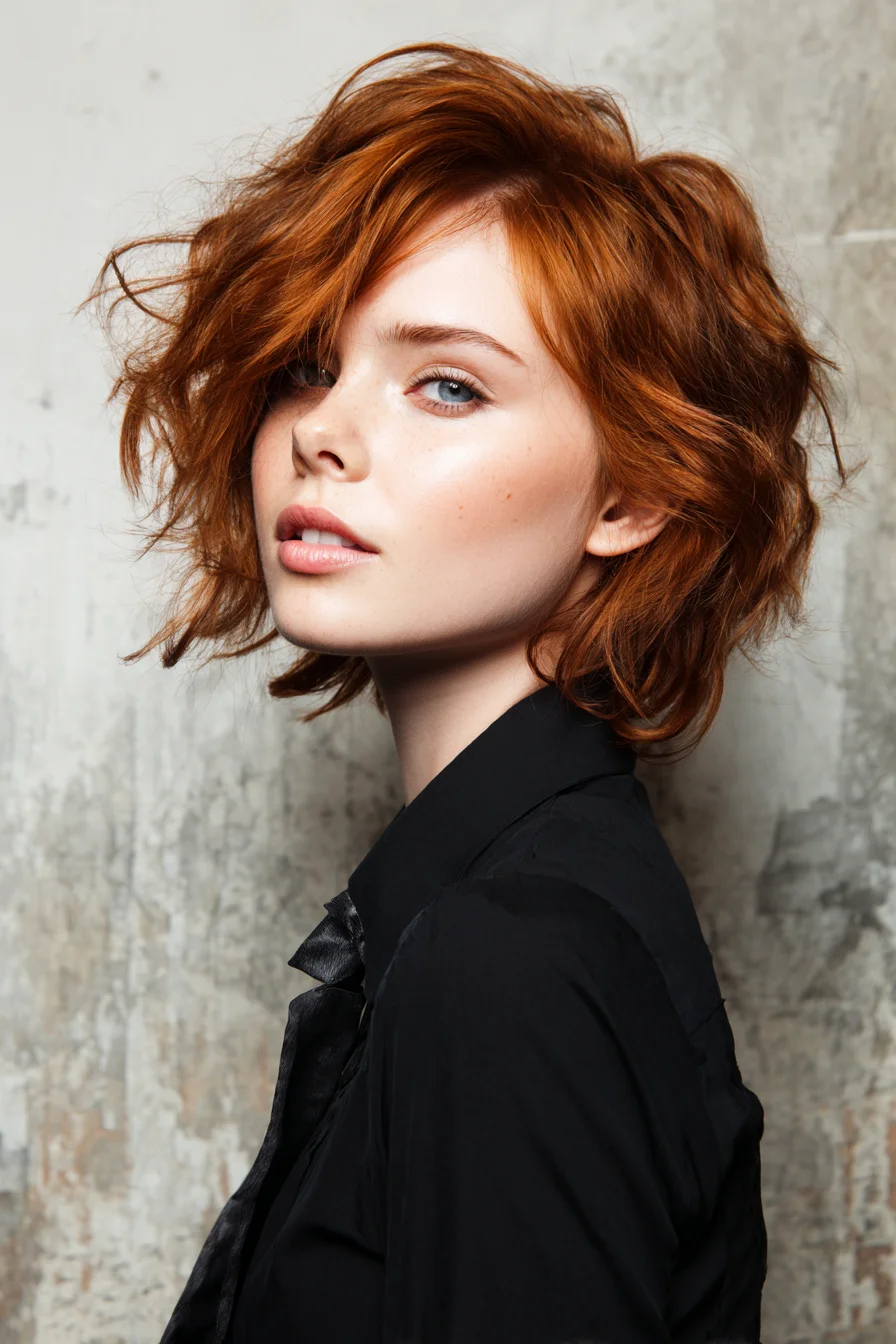 Textured Tousled Layered Red Bob with Side‑Swept Fringe