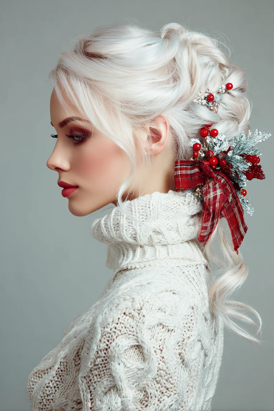 Textured Twisted Low Pony with Braided Detail and Festive Ribbon