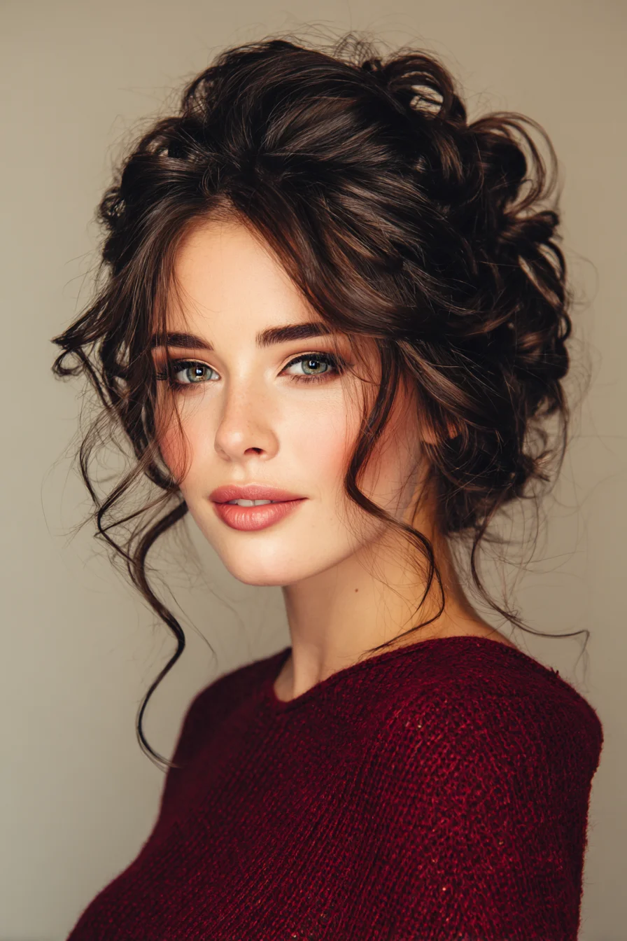 Textured Voluminous Curly Updo with Face‑Framing Tendrils