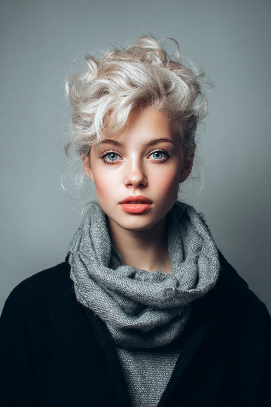 Textured Voluminous Platinum Blonde Messy Updo with Face‑Framing Fringe