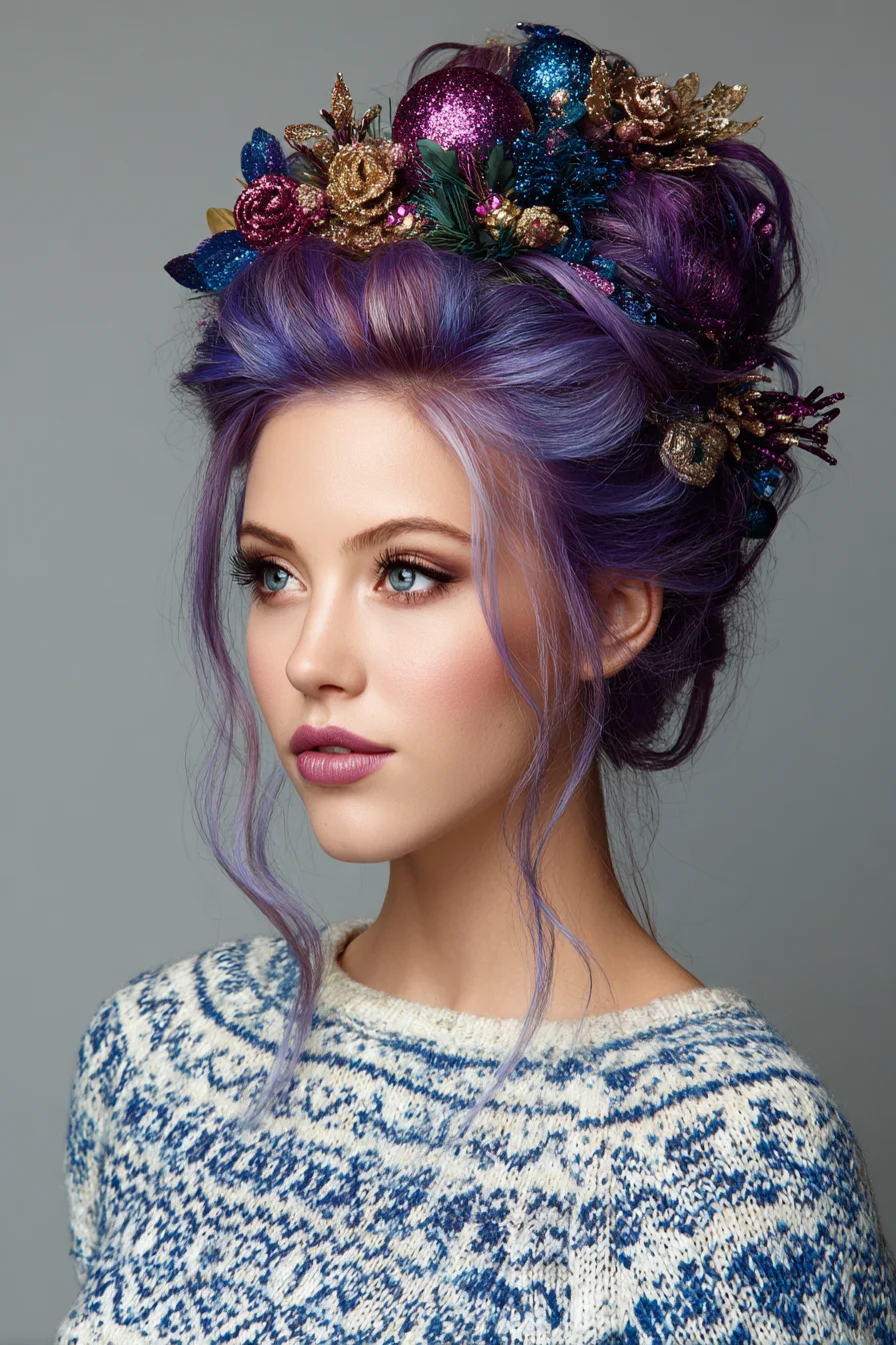 Textured Voluminous Purple Updo with Floral Crown and Face‑Framing Tendrils