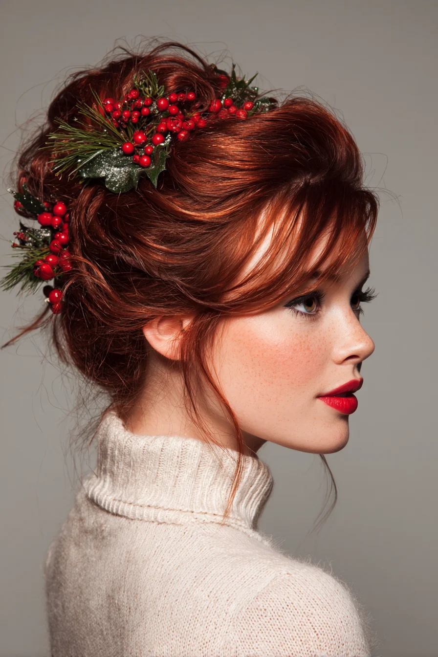 Textured Voluminous Updo with Wispy Bangs & Festive Berry Accents