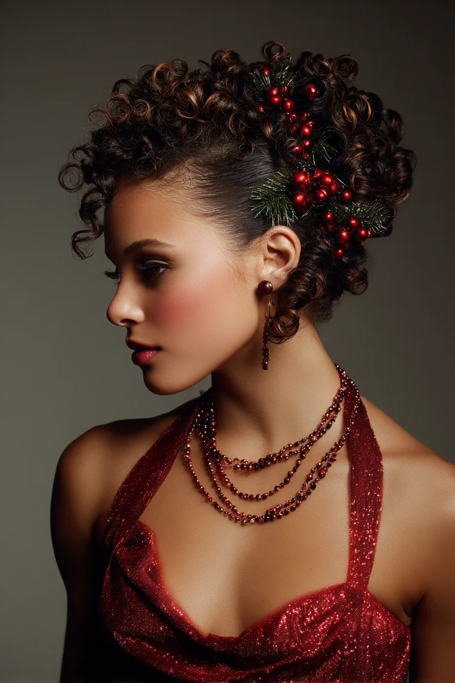 Tight Curly Pin-Up Updo with Holiday Berry Accents