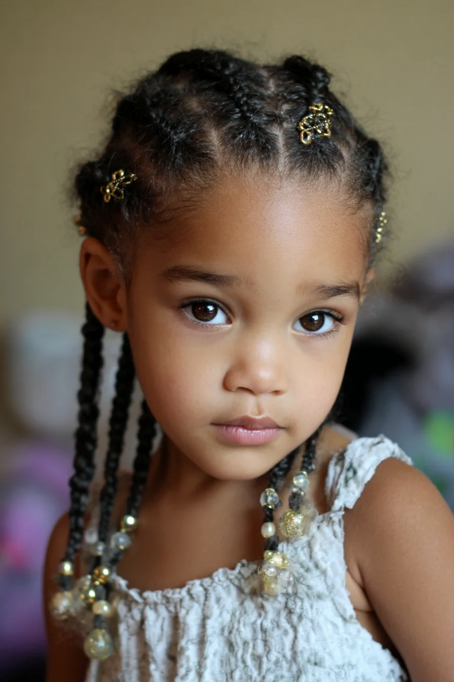 Toddler Cornrow Braids with Beaded Ends and Gold Hair Cuffs