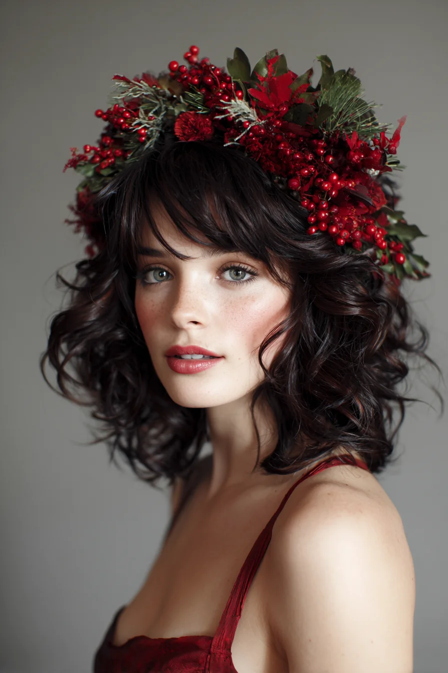 Tousled Curly Shoulder-Length Bob with Wispy Bangs and Floral Crown