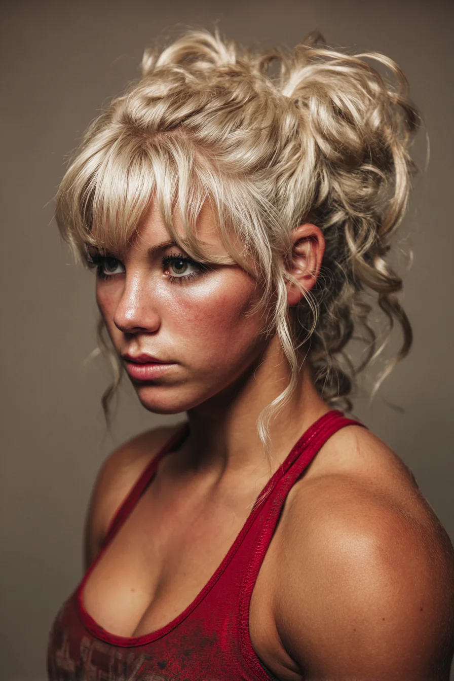 Tousled Curly Updo with Face‑Framing Bangs and Voluminous Crown