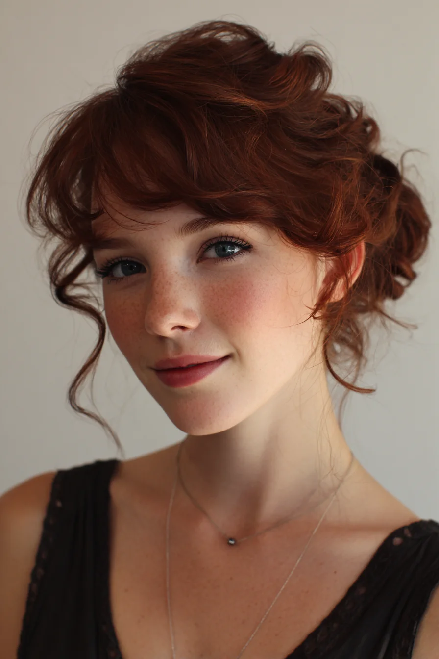 Tousled Red Curly Updo with Face‑Framing Tendrils