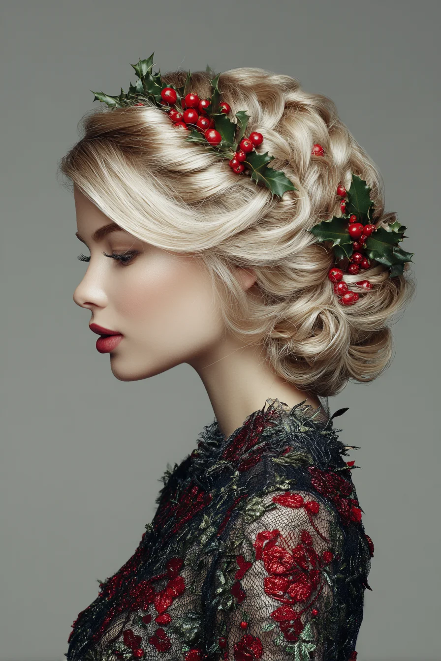 Twisted Braided Holiday Updo with Vintage Waves and Holly Accents