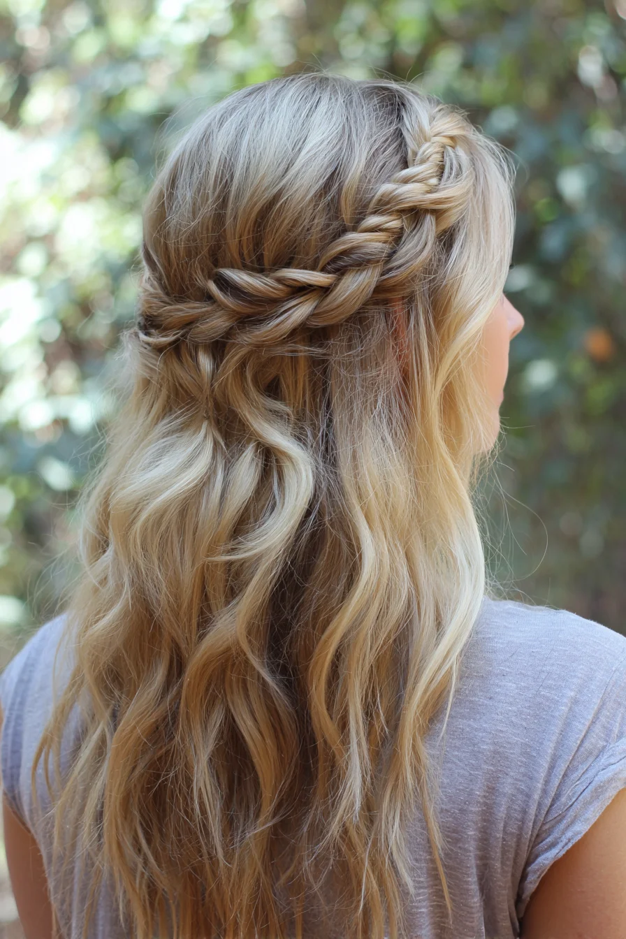 Twisted Crown Half‑Up with Loose Beach Waves for Long Hair