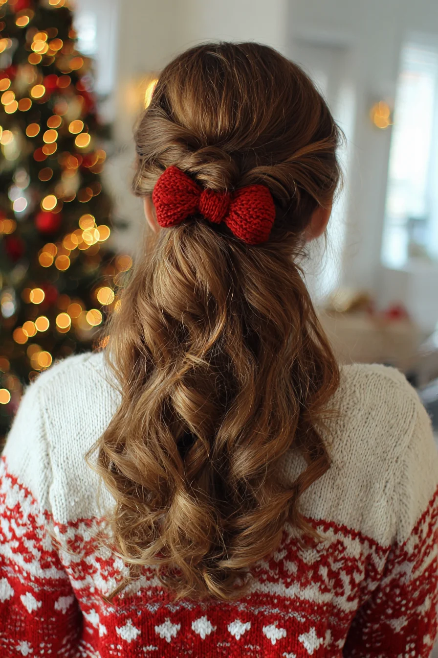 Twisted Half‑Up with Loose Curls and Bow Clip