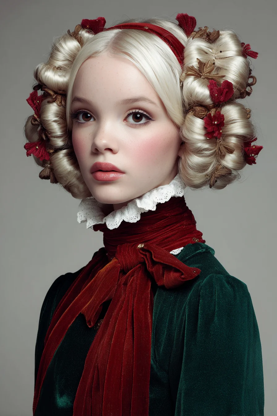 Victorian-Inspired Rolled Halo Updo with Sculpted Pin Curls and Floral Accents