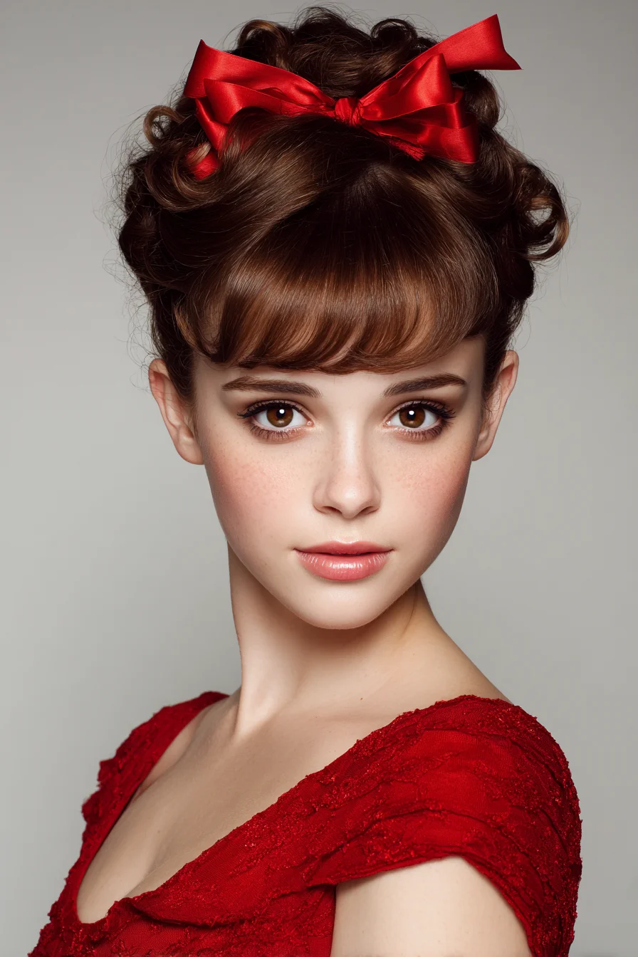 Vintage Curled Updo with Blunt Fringe and Red Satin Bow