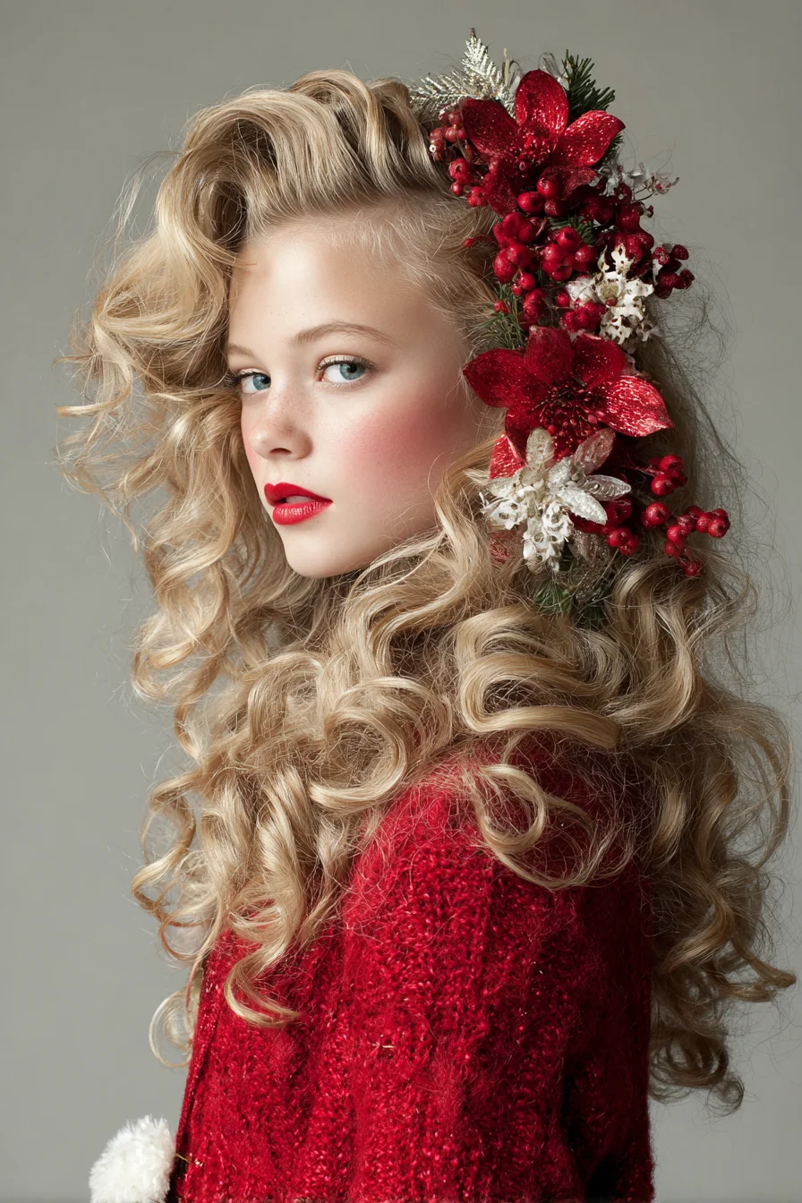 Vintage Glam Voluminous Curls with Festive Floral Side Accent