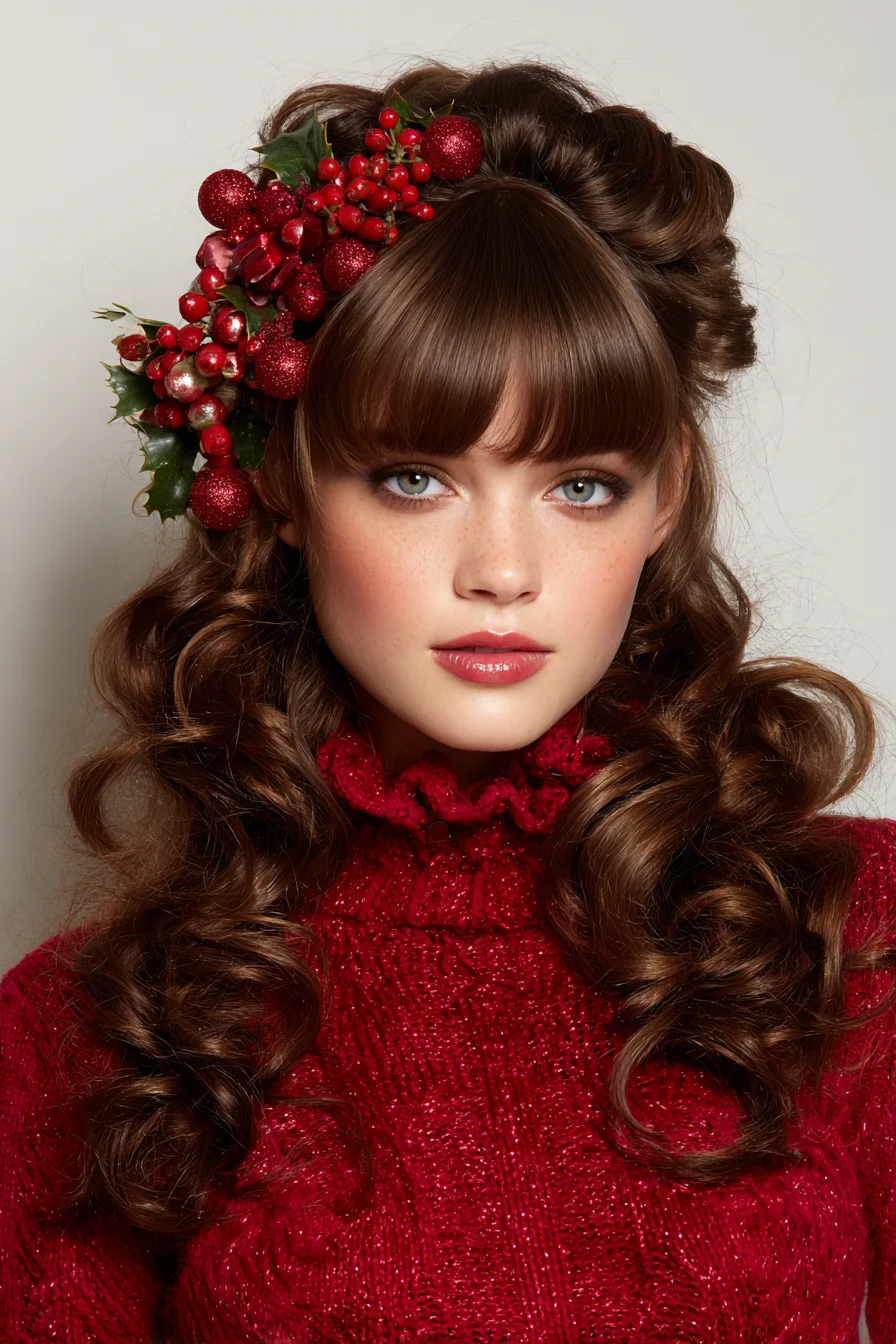 Vintage Half-Up Voluminous Curls with Full Fringe and Festive Hairpiece
