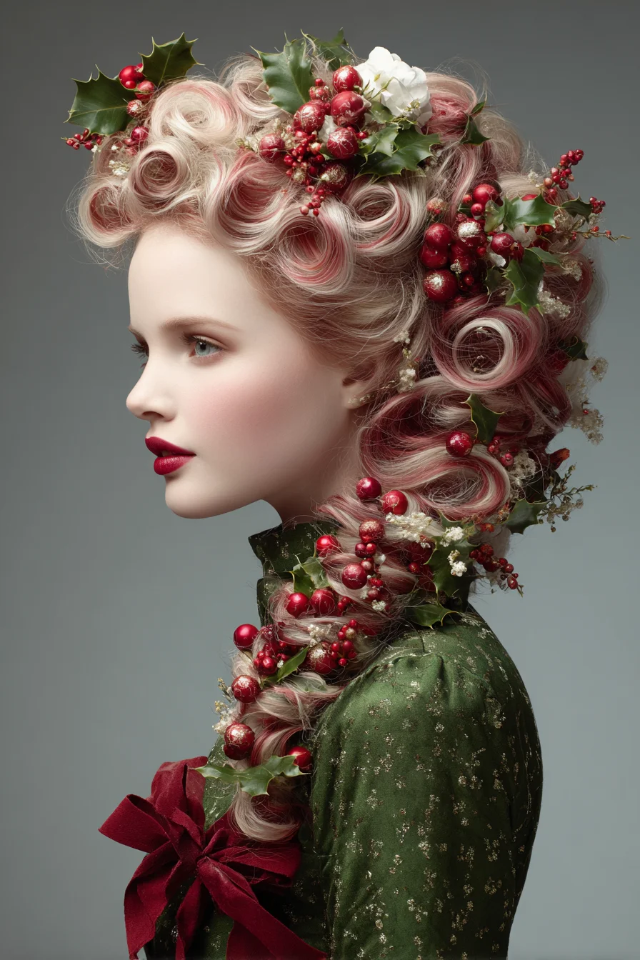 Vintage Holiday Sculpted Curls with Braided Garland and Festive Accents