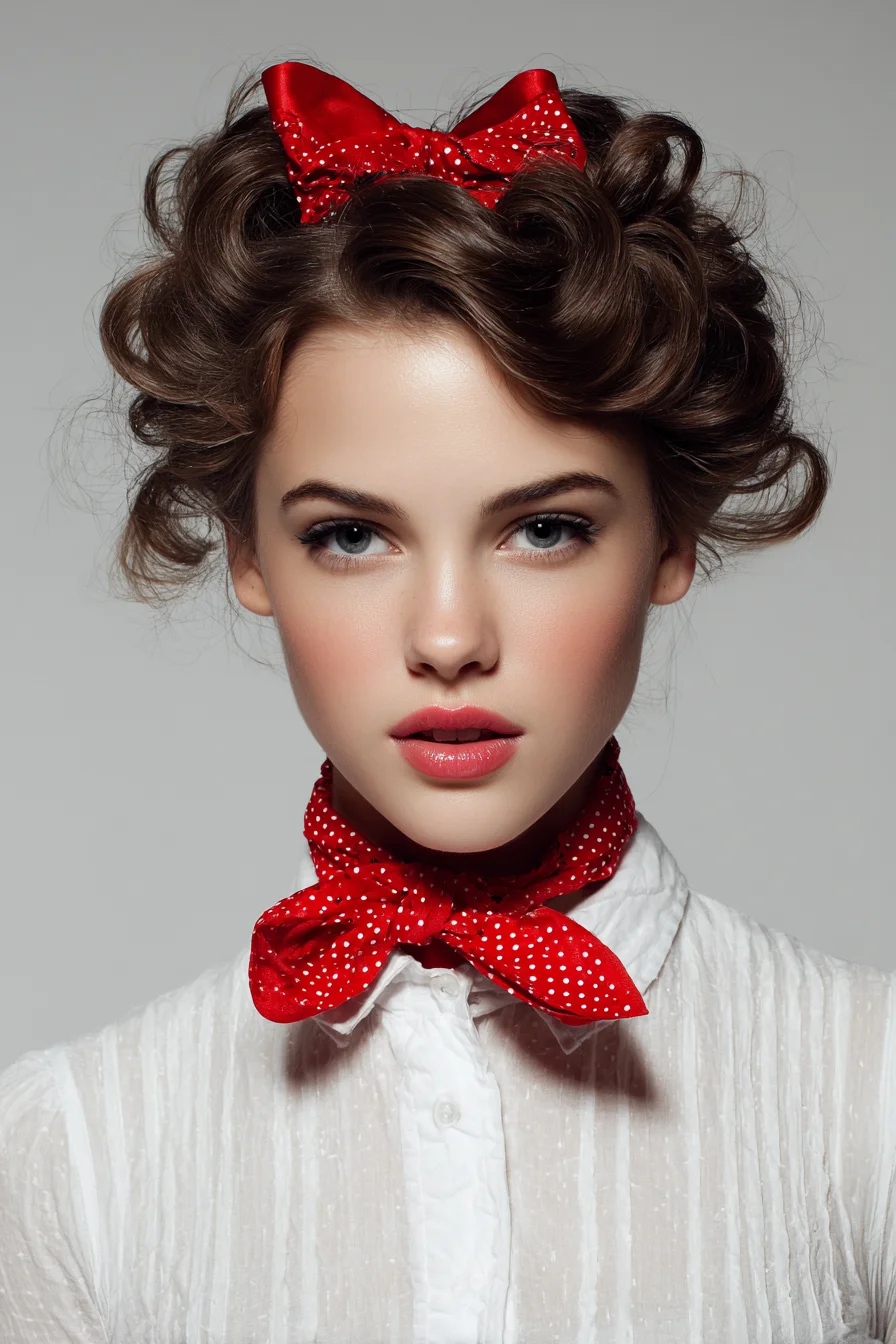 Vintage Pin‑Curl Updo with Voluminous Curls and Red Bow
