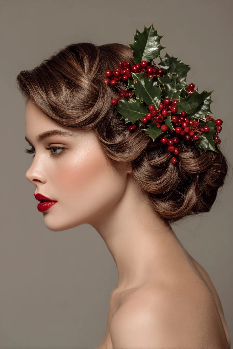 Vintage S‑Wave Low Chignon with Festive Holly Accent